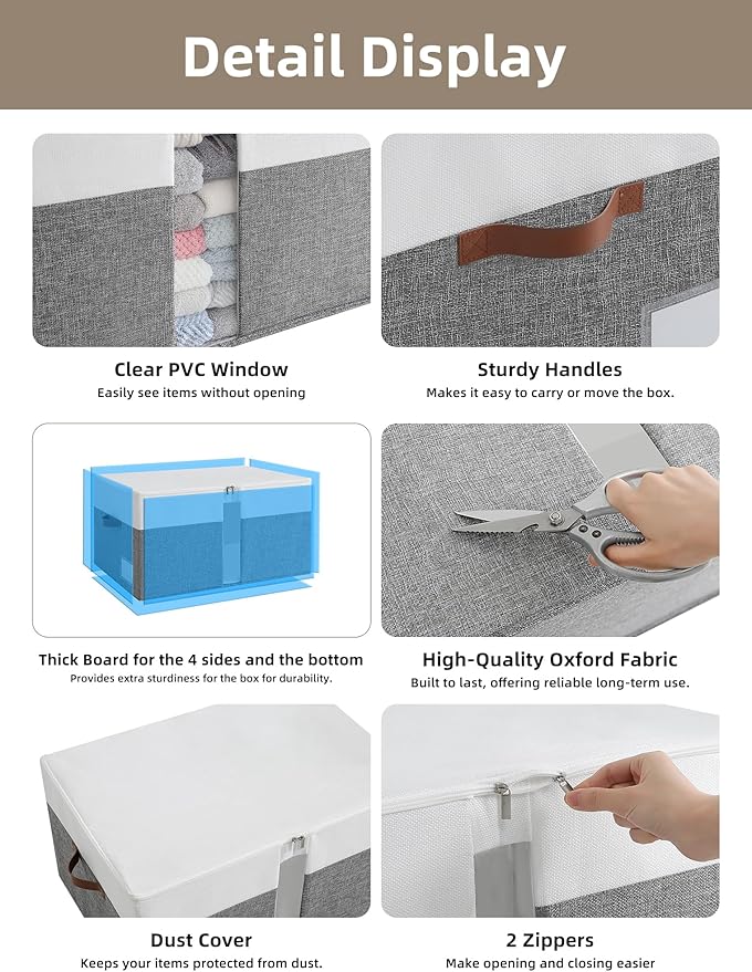 Reinforced LARGE Blanket Storage Baskets with Lids, 2 Packs Stackable Comforter Storage Bag with Clear Window & Handles, Clothes Organizer for Closet,King/Queen Comforters Quilt Duvet