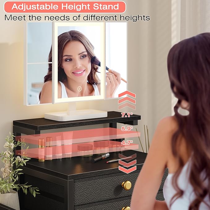 Vanity Desk with Mirror and Lights, 28.4''W Small Makeup Vanity Table with Height-Adjustable Stand, 2 Fabric Drawers Compact Makeup Desk, Gift for Girls, Bedroom Small Space, Black