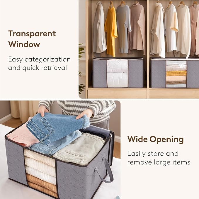 Lifewit 6 Pack Clothes Storage, Foldable Storage and Organization, Storage Bins with Lids, Blanket Storage with Clear Window, Closet Storage with Reinforced Handles for Clothing, Bedding, Light Gray