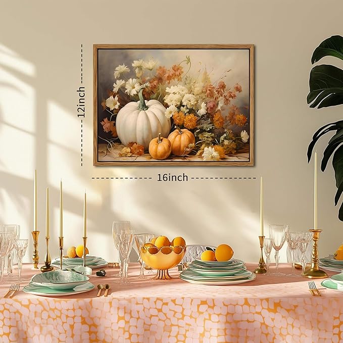 Framed Fall Pumpkin Canvas Wall Art - Farmhouse White & Orange Pumpkins Still Life Pictures Prints, Autumn Halloween Thanksgiving Wall Decor for Living Room Kitchen 12x16 inch
