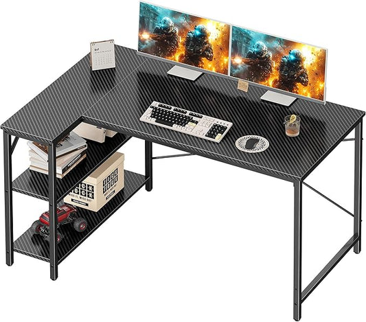 Huuger L Shaped Desk, 47 Inch Gaming & Home Office Desk with Reversible Storage Shelves, Metal Frame, Carbon Fiber Black