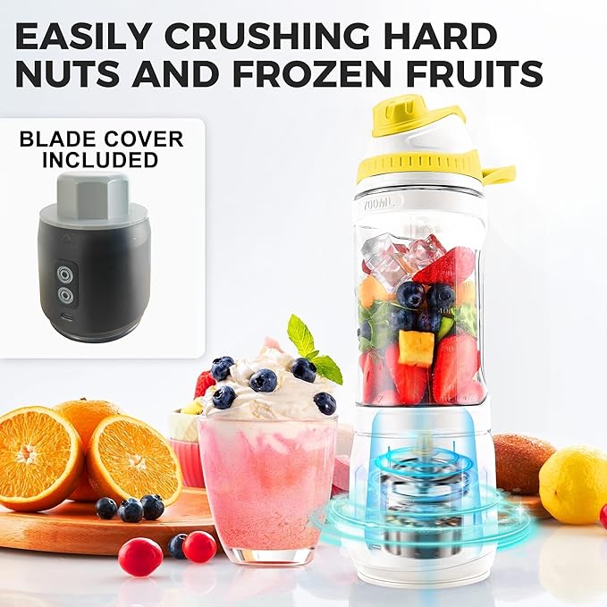 Portable Blender, Anti-Jamming 300 Watt for Shakes and Smoothies, 24oz Travel Blender USB Rechargeable, BPA Free Sporty bottle with a Travel Lid. (Black Base Grey Lid) (White Base Yellow Lid)