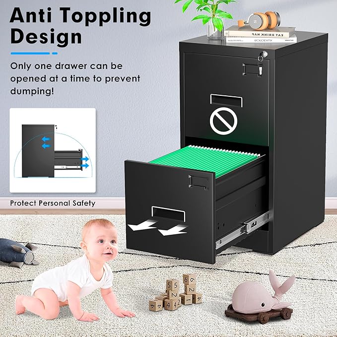 Greenvelly 18" D Vertical File Cabinet, 2 Drawer Locking Cabinet for Home Office, Black Metal for Hanging Letter/Legal Folders, Easy Assemble