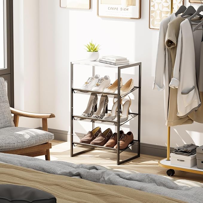 Garden 4 you 4 Tiers Narrow Shoe Rack,Small Space Freestanding Shoe Storage Organizer with White Wooden Tabletop,Adjustable Metal Shelf Stackable Shoe Shelf for Entryway Hallway Living Room Closet
