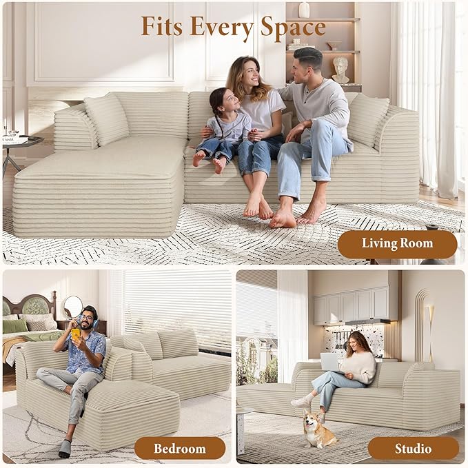 Vesgantti 106" Boneless Couch with Chaise, Deep Seat Comfy Cloud Modular Sofa Corduroy Memory Foam Sectional Couches for Living Room Bedroom, No Assembly Required (Camel, Left-Facing Chaise)