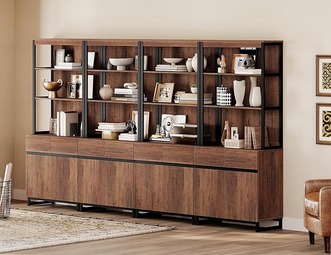 WAMPAT 4 PCS Modern 72" Tall Bookcases with Metal Base and Adjustable Shelves, Library Book Shelf with Storage Cabinet and Open Book Shelfs, Wood Bookshelves for Home Office, Living Room, Brown