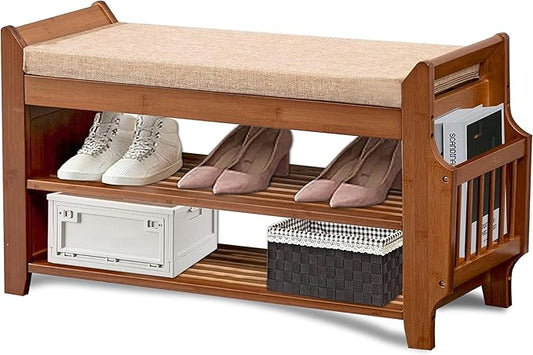 Shoe Storage Bench for Entryway, Bamboo Entryway Bench with Hidden Drawer and Side Brackets,2-Tier Shoe Rack Organizer for Entryway, Hallway,Bedroom and Bathroom