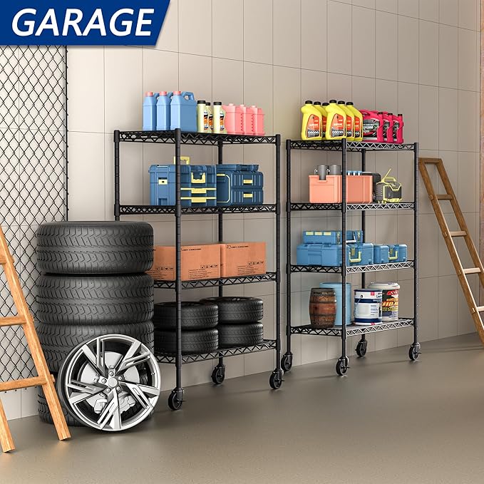 4-Shelf Adjustable Heavy Duty Storage Shelving Unit on 4 Wheel Casters, Metal Organizer Wire Rack for Laundry Bathroom Kitchen Pantry Closet, Black