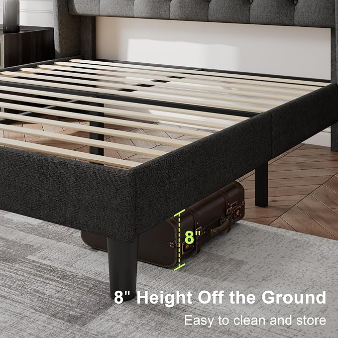 Feonase Full Size Bed Frame with Upholstered Wingback Headboard, Platform Bed and Heavy Duty Wooden Slats Support, Easy Assembly, Noise-Free, No Box Spring Needed, Dark Gray
