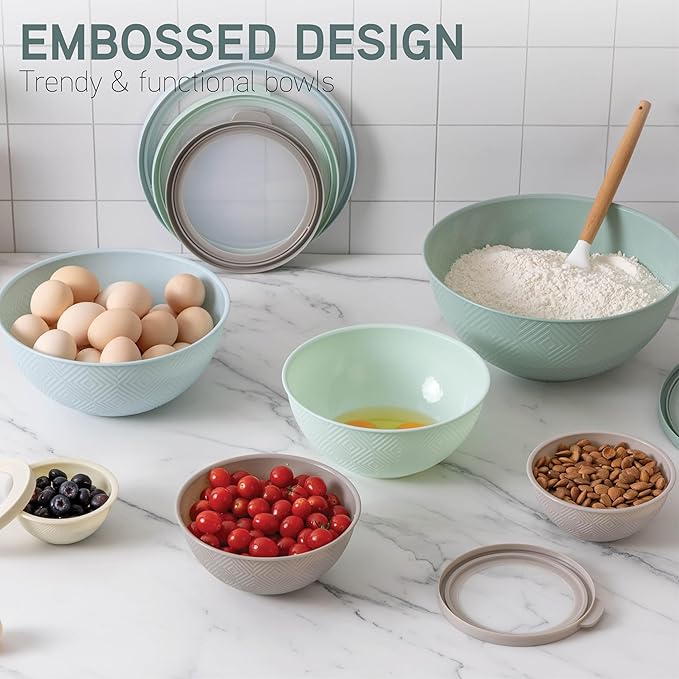 COOK WITH COLOR Mixing Bowls with Lids - 12 Piece Plastic Nesting Bowls Set includes 6 Prep Bowls and 6 Lids, Rhombus Design - Microwave Safe (Mint)