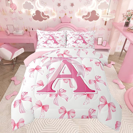 jejeloiu Kids Girls Cute Pink Bow Comforter Set Full Size Monogrammed Bedding Set Ultra Soft Personalized Initial A Duvet Quilt Coquette Bow Knot Quilt Set Room Decor Modern Fashion Comforter