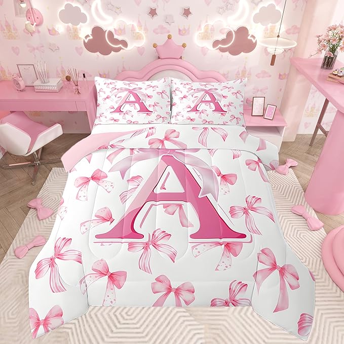 jejeloiu Kids Girls Cute Pink Bow Comforter Set Twin Size Monogrammed Bedding Set Ultra Soft Personalized Initial A Duvet Quilt Coquette Bow Knot Quilt Set Room Decor Modern Fashion Comforter