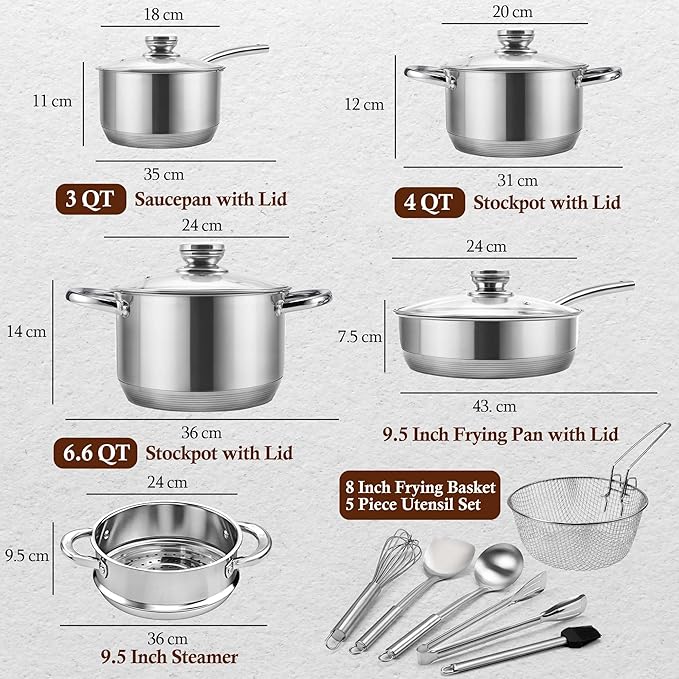 15-Piece Stainless Steel Cookware Set, Non-Toxic Pots and Pans Set with Glass Lids, Kitchen Induction Cookware with Steamer, Utensils Set & Fry Basket, Dishwasher & Oven Safe, Silver