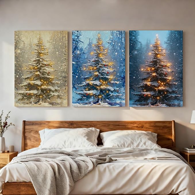 Framed Christmas Pictures Wall Decor,Vintage Pine Tree Prints,Winter Christmas Canvas Wall Art Decoration for Bedroom Bathroom Living Room Rustic Xmas Holiday Gifts (Christmas Tree 3, 12'' X 16'')