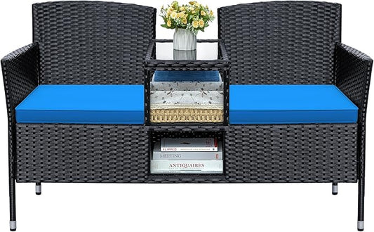 Greesum Patio Loveseat Outdoor Wicker Furniture Conversation Set with Soft Cushions & Built-in Coffee Table for Lawn Garden Backyard, Blue