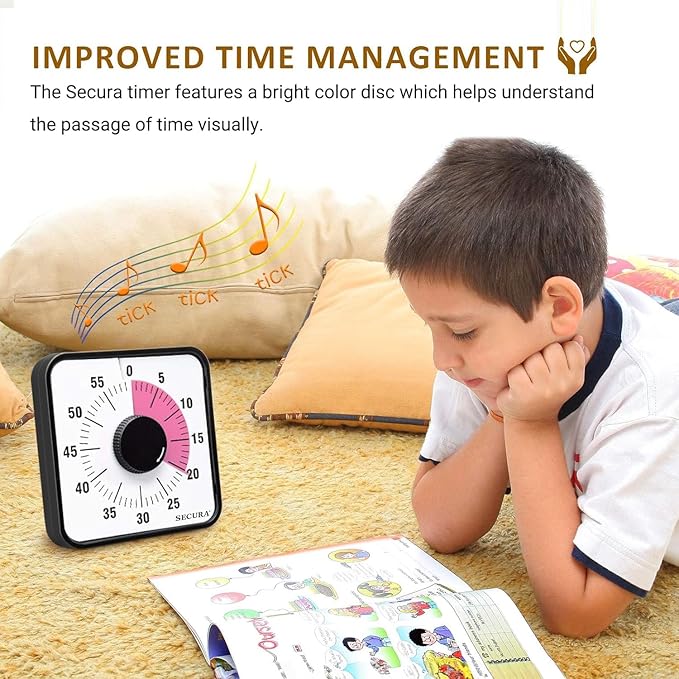 Secura 60-Minute Visual Countdown Timer, 7.5-Inch Oversize Classroom Visual Timer for Kids and Adults, Durable Mechanical Kitchen Timer Clock with Magnetic Backing (Peony Color)