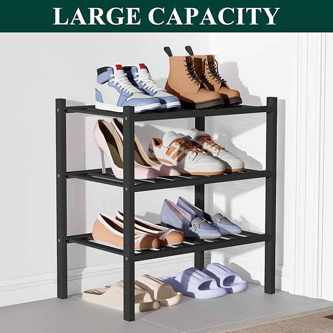 Smiry Bamboo Shoe Rack for Closet, 3 Tier Small Wooden Stackable Shoe Organizer, Free Standing Shoes Storage Shelf for Entryway, Front Door Entrance, Black