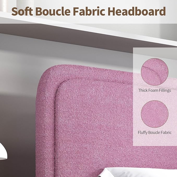 BarnFurin Twin Size Bed Frame, Boucle Upholstered Platform Bed Frame with Headboard, Modern Style, Soft Rounded Corners, No Box Spring Required, Easy Assembly, Rose Pink