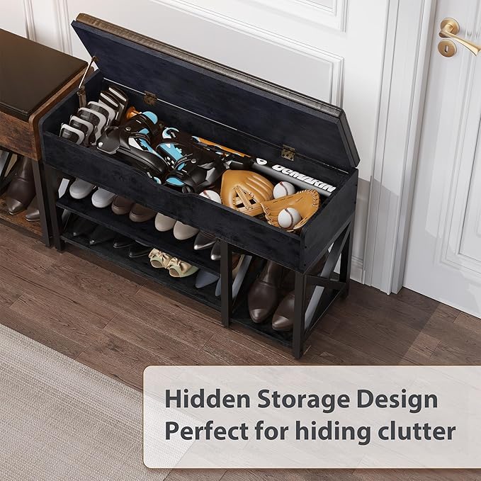 Shoe Bench, Lift Top Shoe Storage Bench, Adjustable Shelf Entryway Bench with Cushion for Entry, Bedroom, Closet, Living Room, Hallway (Black, 35.5“W)