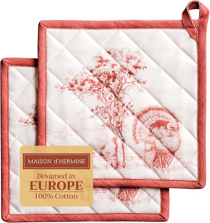 Maison d' Hermine Pot Holders Set 100% Cotton Heat Resistant Potholders 8" x 8" Hot Pads with Loop for Thanksgiving Christmas Decorations BBQ Baking Handling Hot Pans (Pack of 2, Holy Jouy - Red)