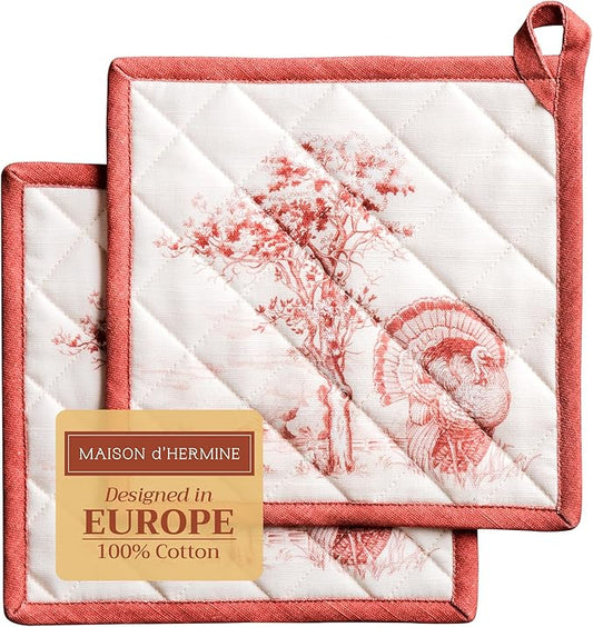 Maison d' Hermine Pot Holders Set 100% Cotton Heat Resistant Potholders 8" x 8" Hot Pads with Loop for Thanksgiving Christmas Decorations BBQ Baking Handling Hot Pans (Pack of 2, Holy Jouy - Red)