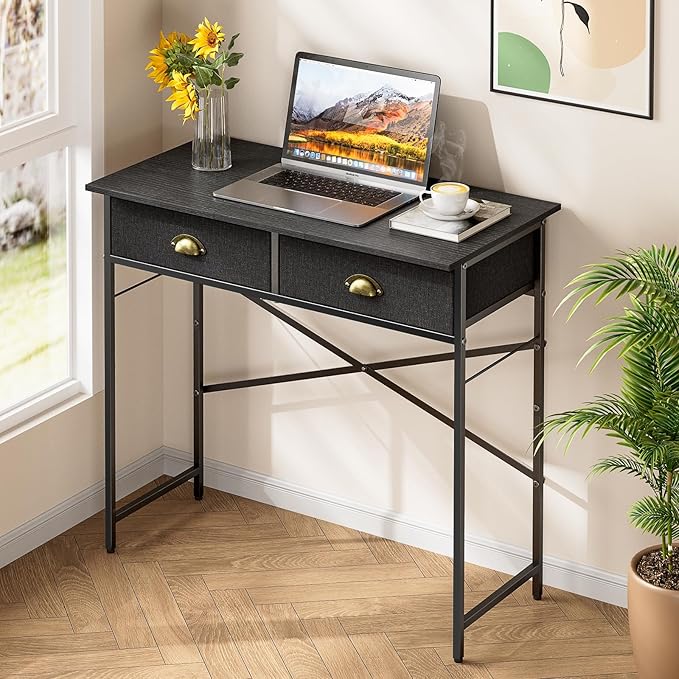 Black Writing Desk for Kids Bedroom, 31.5 Inch Small Computer Desk for Small Spaces, Simple Desk with 2 Fabric Drawers for Home Office, Dorm, Living Room, Home Study Table, Black