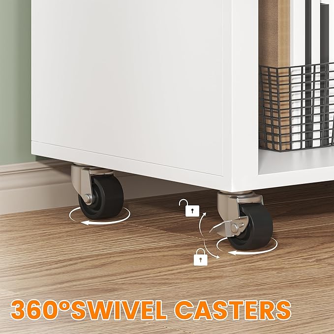 Semoic 3 Drawer Wood Lateral File Cabinet with Lock, Rolling Mobile Filing Cabinet with Open Storage Shelves, Printer Stand Office Storage Cabinet for Home Office Fits Files Legal/A4 Size, White