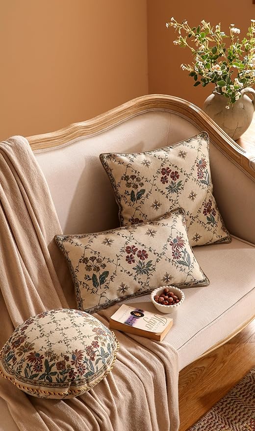 patdrea Designer Throw Pillow Covers Set of 2,Rectangle Vintage Light Brown Linen with Floral Pattern Pillow Cover,Decorative Lumbar Pillowcases Cushion for Bed Living Room Outdoor Car,12"x20"