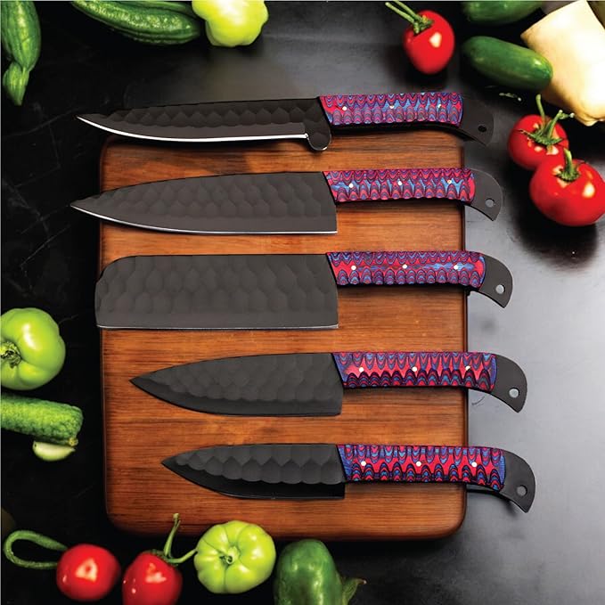 5 PCS Handmade Kitchen Chef Knife Set Hand Forged High Carbon Steel Blade Pakka wood Handle With Leather Bag Kit set included (Chef, Cleaver, Butcher, Paring, Fillet knife, Utility Knife) (Pakka Wood)