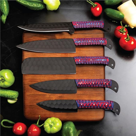 5 PCS Handmade Kitchen Chef Knife Set Hand Forged High Carbon Steel Blade Pakka wood Handle With Leather Bag Kit set included (Chef, Cleaver, Butcher, Paring, Fillet knife, Utility Knife) (Pakka Wood)