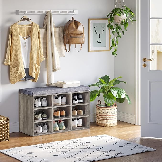 DINZI LVJ Shoe Bench, 9 Cubbies Shoe Organizer for Entryway, Storage Bench with Cushion, Cubby Shoe Rack with Adjustable Shelves for Living Room, Bedroom, Mudroom, Hallway, Gray Wash