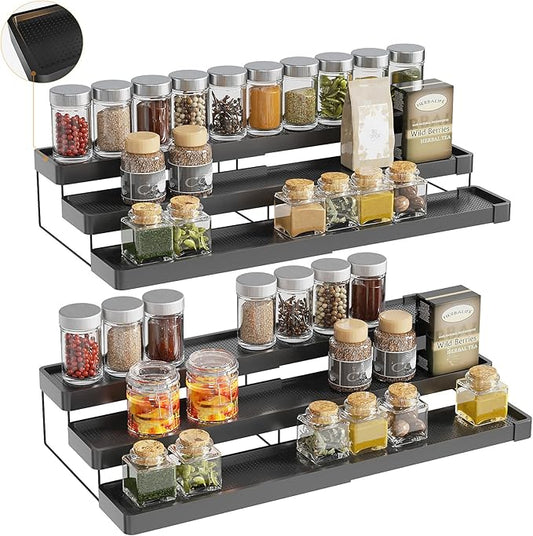 2 Pack Expandable Spice Rack Organizer for Cabinet - 3 Tier Adjustable Cabinet Spice Organizer Easy Visibility - Spice Organizer for Cabinet Countertop Cupboard Pantry Organization (Black)