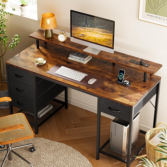 Huuger 55 inch Computer Desk with 4 Drawers, Gaming Desk with LED Lights & Power Outlets, Home Office Desk with Large Storage Space for Bedroom, Work from Home, Rustic Brown