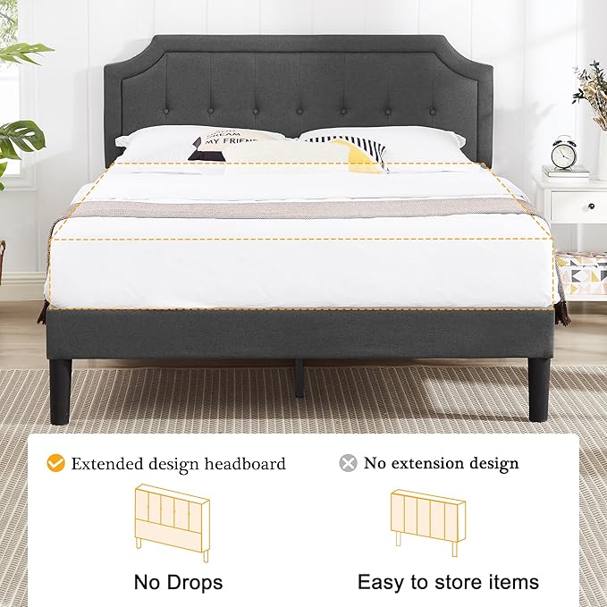VECELO Full Upholstered Platform Bed Frame with Adjustable Button Stitched Panel Headboard,Strong Wood Slat Support,Velcro Design,Mattress Foundation/Easy Assembly,Grey