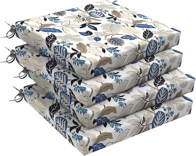 Set of 4 Outdoor Square Chair Cushions 18.5"x16"x2" for Patio, Water Resistant Patio Dining Seat Pads Replacement for Kitchen Garden and Outdoor Furniture Decoration - Breeze Leaves Beige