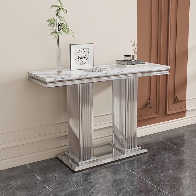 47" Marble Console Table, Modern Entryway Table with Pillar Stainless Steel Base, Rectangle Faux Marble Sofa Table for Living Room, Hallway, Foyer, White Silver
