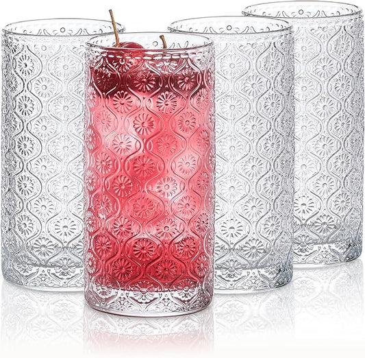 Glass Cups Vintage Glassware Set of 4, Drinking Glasses 12.5oz, Embossed Pattern Style Transparent Cocktail Glasses Set, for Ice Coffee,Juice,Beer,Bar Beverages,Drinkware, Transparent (L)