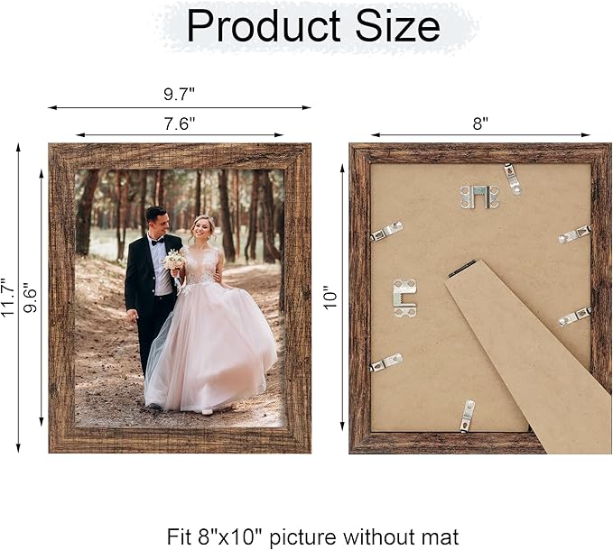 8x10 Picture Frame Set of 4, High Definition Glass Brown Frame, 8 x 10 Wood Rustic Picture Frames for Horizontal or Vertical Table Top and Wall Mounting