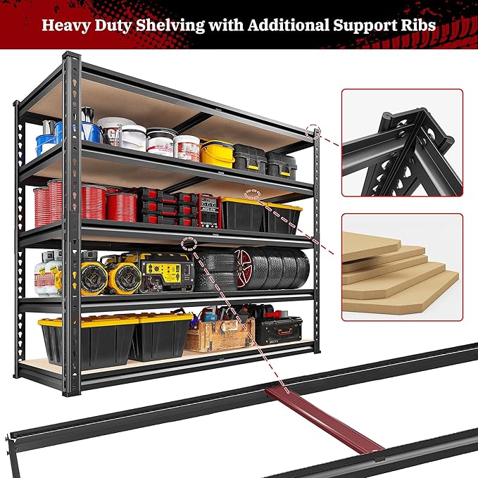 REIBII 2500LBS Garage Shelving Heavy Duty 72''H Storage Shelves 40" W Heavy Duty 5 Tier Metal Shelves Adjustable Pantry Shelf for Closet Pantry Basement Kitchen Warehouse 72" H x 40" W x 20" D, 2 Pack