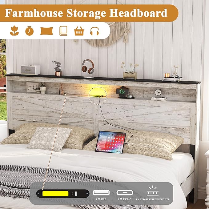 Farmhouse Wooden Bed Frame King Size with Storage Headboard, Boho Platform Bedframe with LED Lights and Charging Station, Metal Slats Support, No Box Spring Needed, White