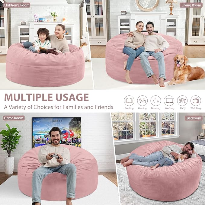 4FT Bean Bag Chair, Large Bean Bag Chairs with Memory Foam Filled, Fluffy Beanbag Sofa with Dutch Velvet Cover, Round BeanBag Chairs for Living Room, Playroom - Light Pink