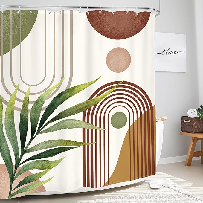 Glawry Green Brown Boho Shower Curtain Abstract Mid Century Plant Tropical Leaves Modern Geometric Bathroom Minimalist Arch Curve 60Wx72L Inches Bath Accessories Art Home Decor Fabric 12 Pack Hooks