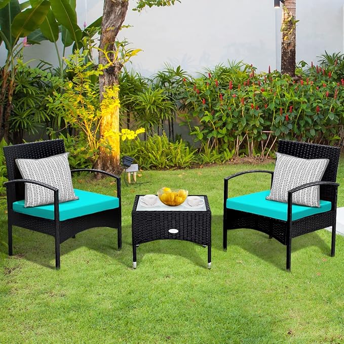 COSTWAY 3 PCS Patio Wicker Conversation Set, PE Rattan Sofa with Tempered Glass Coffee Table, 2 Chairs, 2 Cushions, Outdoor Patio Furniture Set for Yard Porch Bistro Balcony Backyard Pool, Turquoise
