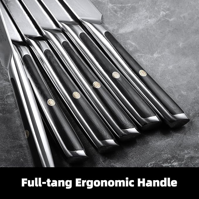 Sunnecko Damascus Steak Knives Set of 6 Non Serrated, Japanese VG10 Stainless Steel Steak knives Dishwasher Safe, 5 Inch Steak Knives G10 Handle with Wood Gift Box