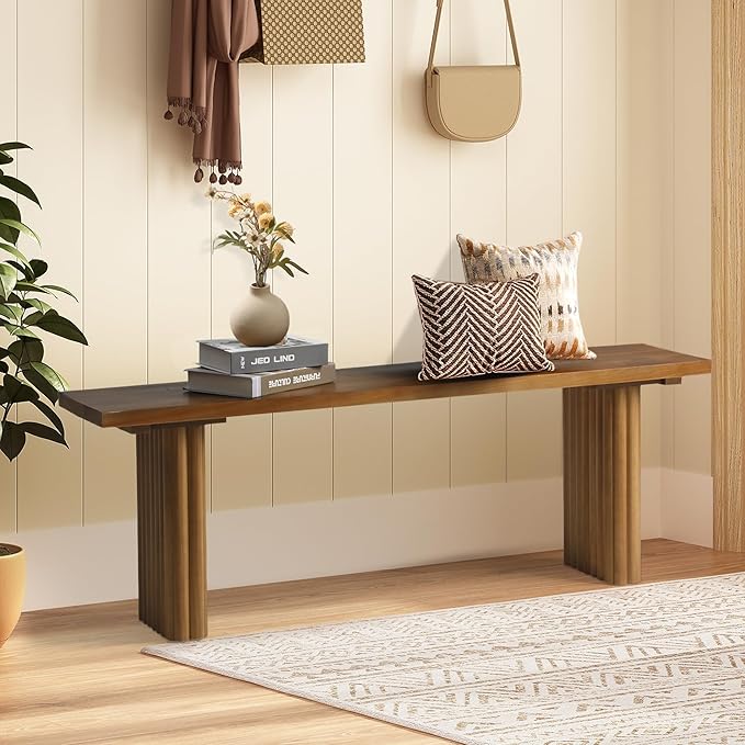 Solid Wood Entryway Bench - 51.2" Fluted Farmhouse Bench, Indoor Long Dining Benches Seat Narrow End of Bed Benches for Entry Way, Kitchen, Living Room and Bedroom, Brown