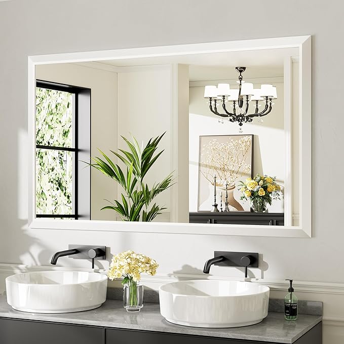 60x36 Inch White Bathroom Mirror for Wall, Thick Metal Framed Rectangle Mirrors for Over Sink, Bedroom, Living Room, Entryway, Anti-Rust, HD Tempered Glass