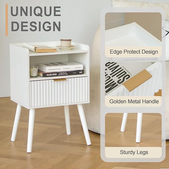 AWASEN White Nightstand, Modern Bedside Table with Fluted Drawers, Small Night Stand Bed Side Table with Solid Wood for Living Room, Bedroom, Office and Small Space (White)