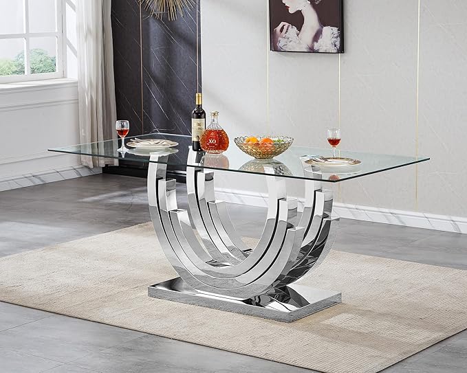 Goujxcy 70" Modern Glass Dining Table for 6-8, Luxury Silver Glass Dining Room Table with Mirrored Ring-Shape Stainless Steel Base, Rectangle Kitchen Dinner Tables for Dining Room Kitchen
