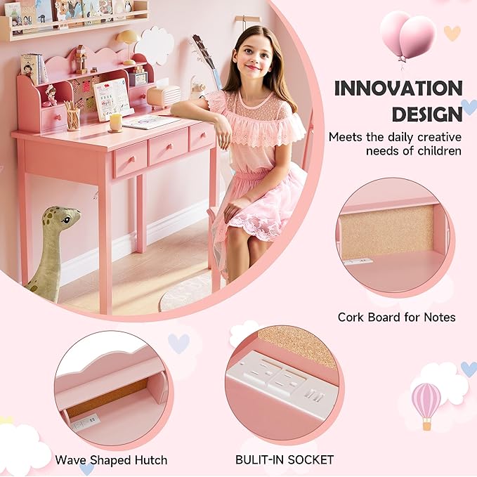 Home Office Furniture Writing Desk,Computer Work Station with Detachable Hutch,5 Drawers(Pink)