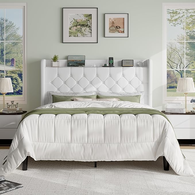 SHA CERLIN Queen Size Platform Bed Frame with Charging Station, Velvet Wingback Headboard with Storage Shelf, Wooden Slats Support, Ample Under-Bed Space, No Box Spring Needed, Easy Assembly, White